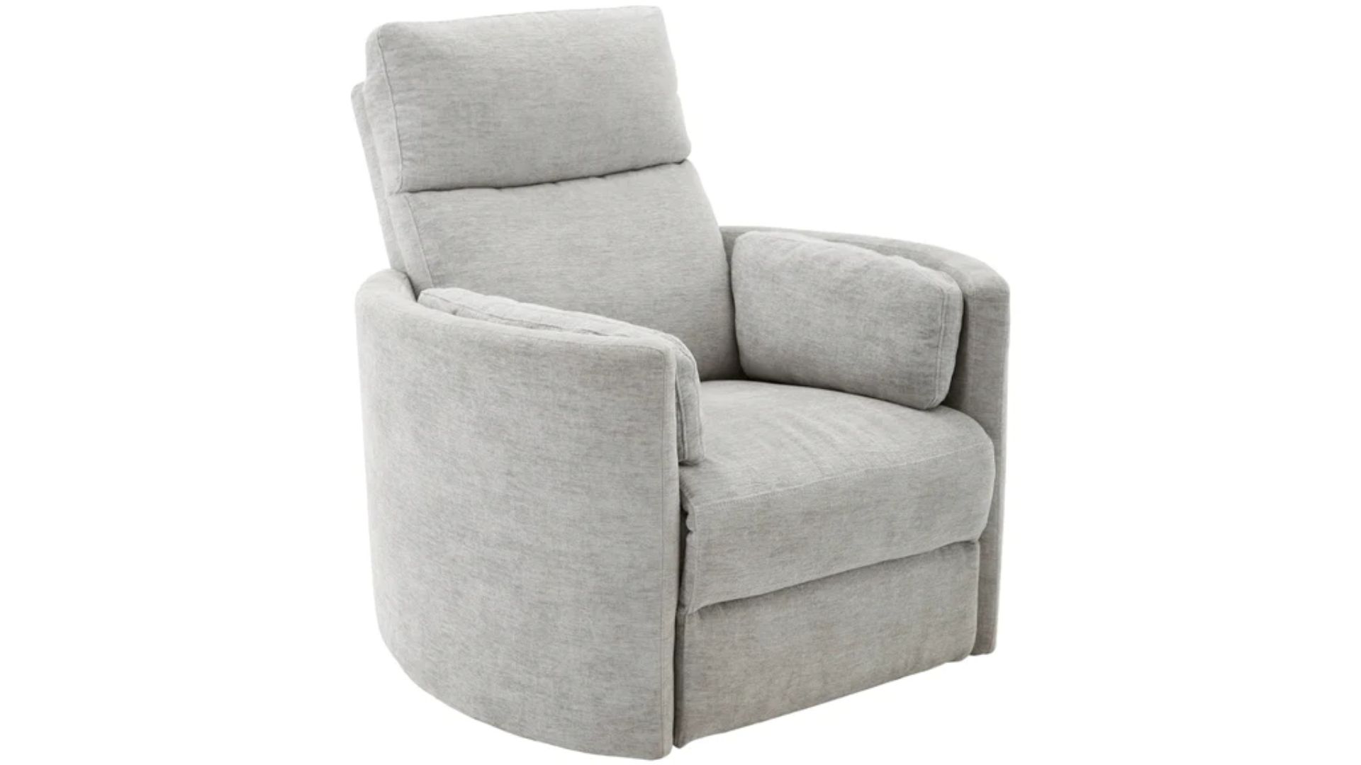 A modern light gray upholstered swivel armchair.