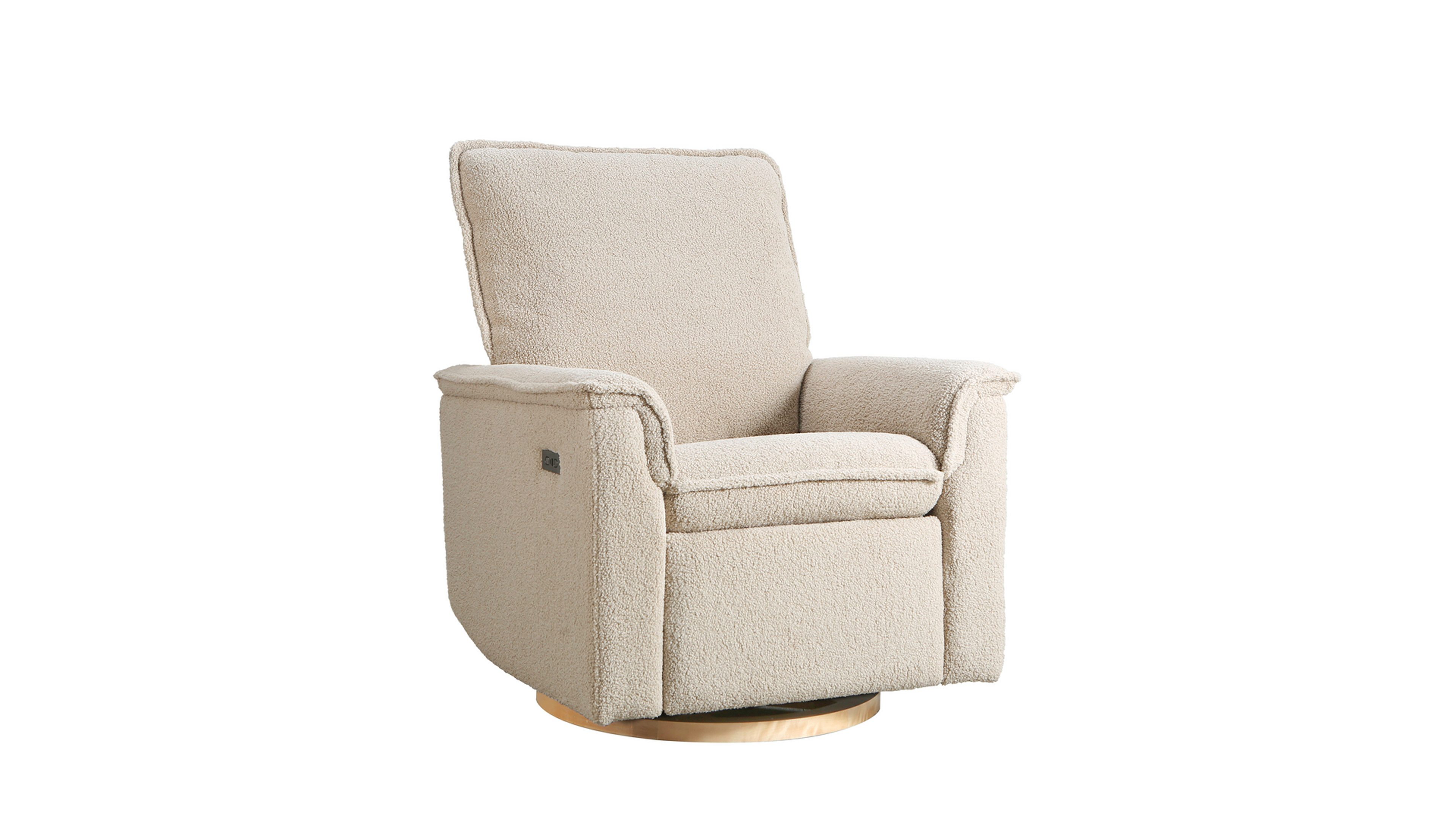 A beige upholstered swivel recliner chair with cushioned armrests.
